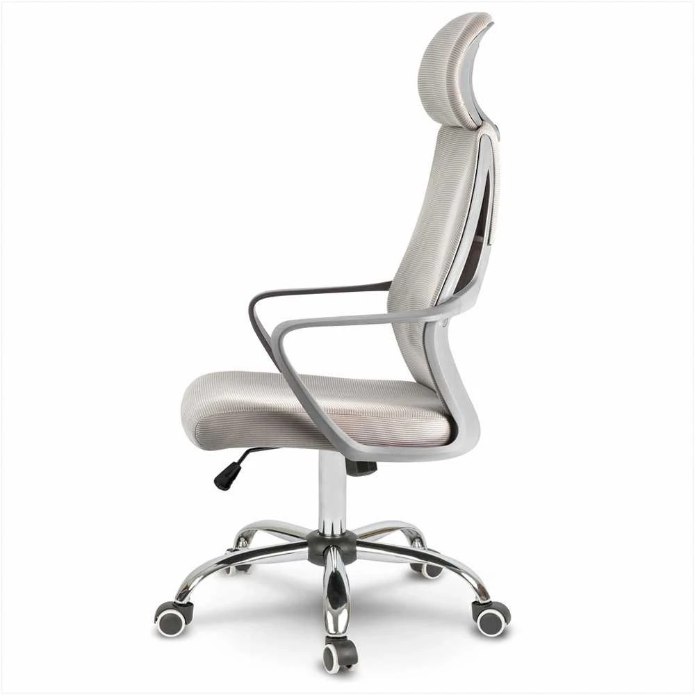 Biuro kėdė su mikrotinklu, reguliuojama galvos atrama, ergonomiška atrama, kvėpuojantis atlošas, modernus dizainas, pilka biuro kėdė
