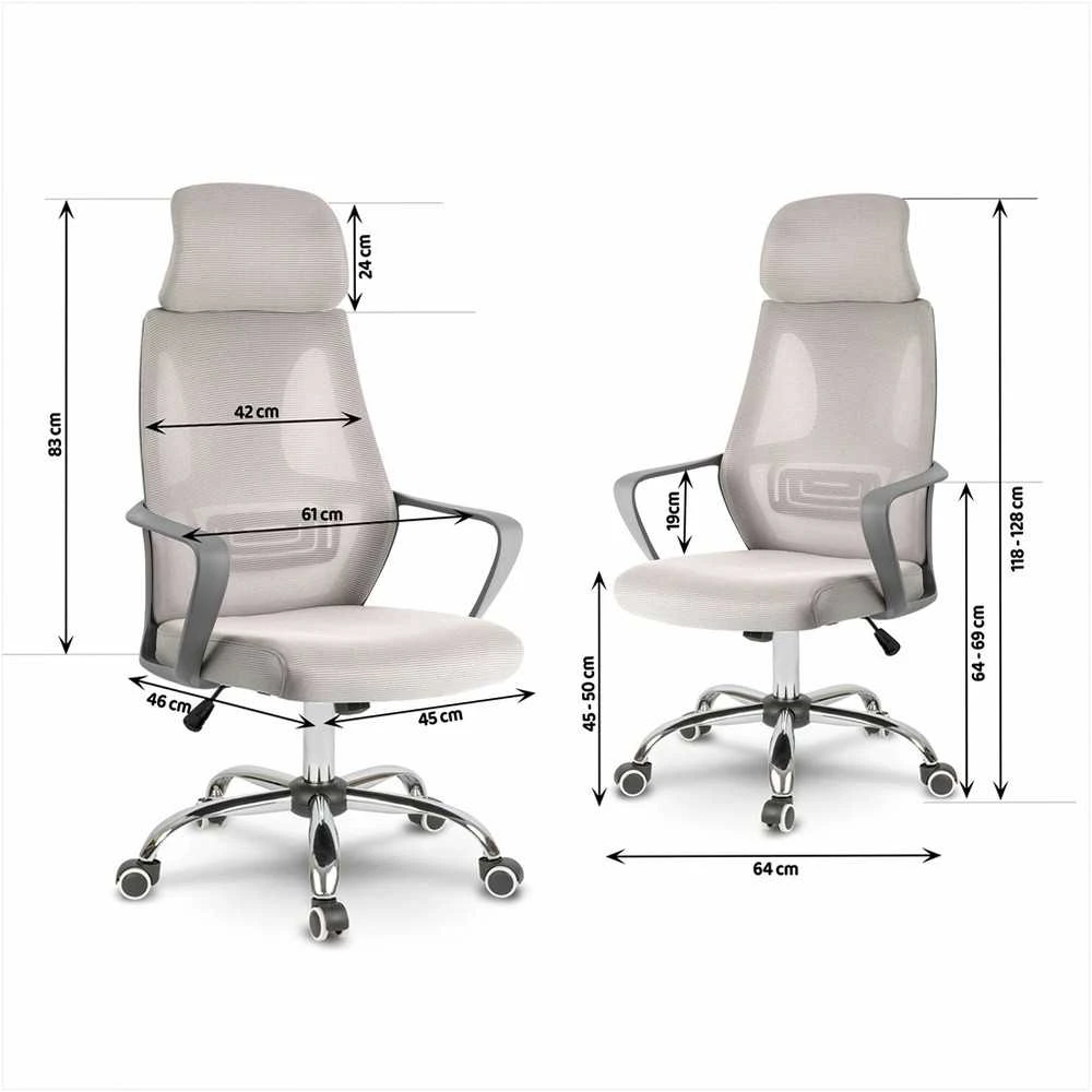 Biuro kėdė su mikrotinklu, reguliuojama galvos atrama, ergonomiška atrama, kvėpuojantis atlošas, modernus dizainas, pilka biuro kėdė