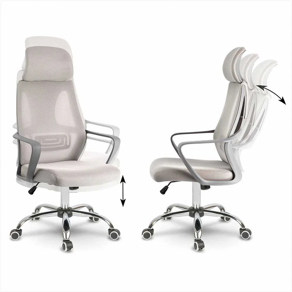 Biuro kėdė su mikrotinklu, reguliuojama galvos atrama, ergonomiška atrama, kvėpuojantis atlošas, modernus dizainas, pilka biuro kėdė