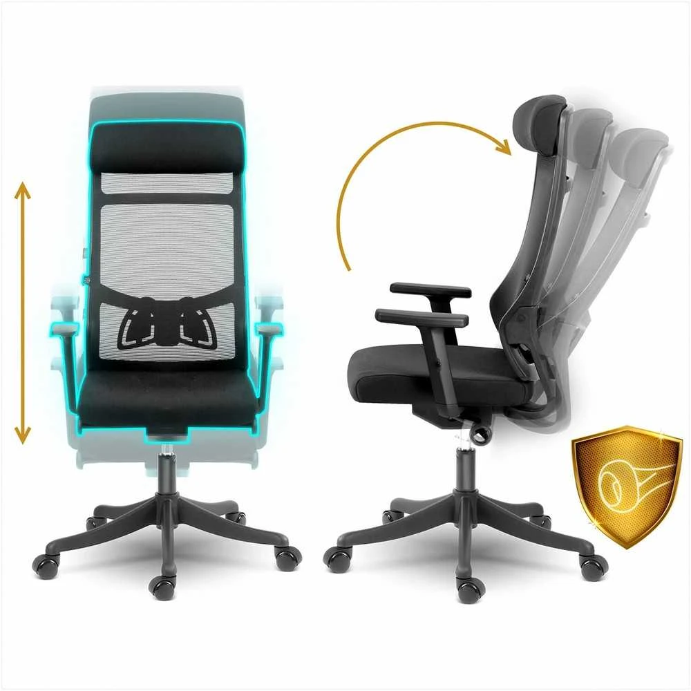 Biuro kėdė su tinklelio atlošu, ergonomiško dizaino, reguliuojamo aukščio, juoda vadovo kėdė, patogi kompiuterio kėdė namų biurui