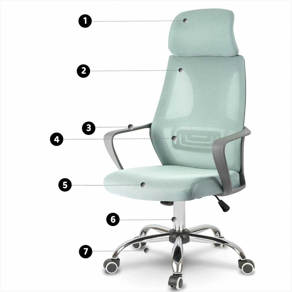 Biuro kėdė su tinklelio atlošu, reguliuojama galvos atrama ir aukščiu, ergonomiškas dizainas, modernus stilius, patogus sėdėjimas