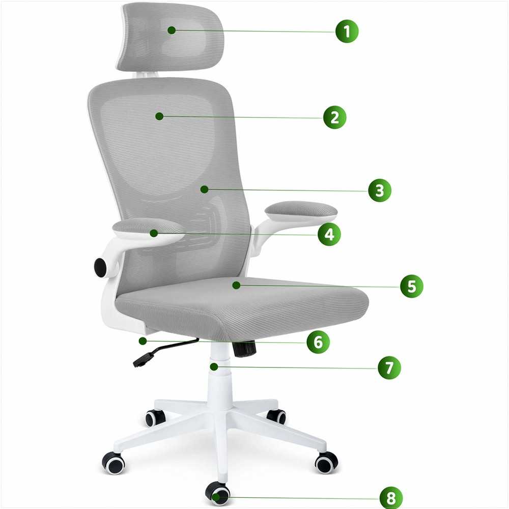 Biuro kėdė su tinklelio atlošu, reguliuojamu aukščiu, ergonomišku dizainu, pakreipimo mechanizmu, pilka darbo kėdė