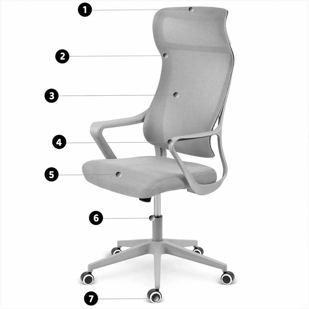 Biuro kėdė su tinklelio atlošu, reguliuojamu aukščiu, ergonomišku dizainu, supimo funkcija, pilka darbo kėdė