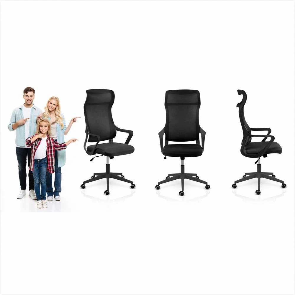 Biuro kėdė su tinklelio atlošu, reguliuojamu aukščiu, supimo funkcija, ergonomiško dizaino, patogi sėdynė, juoda biuro kėdė