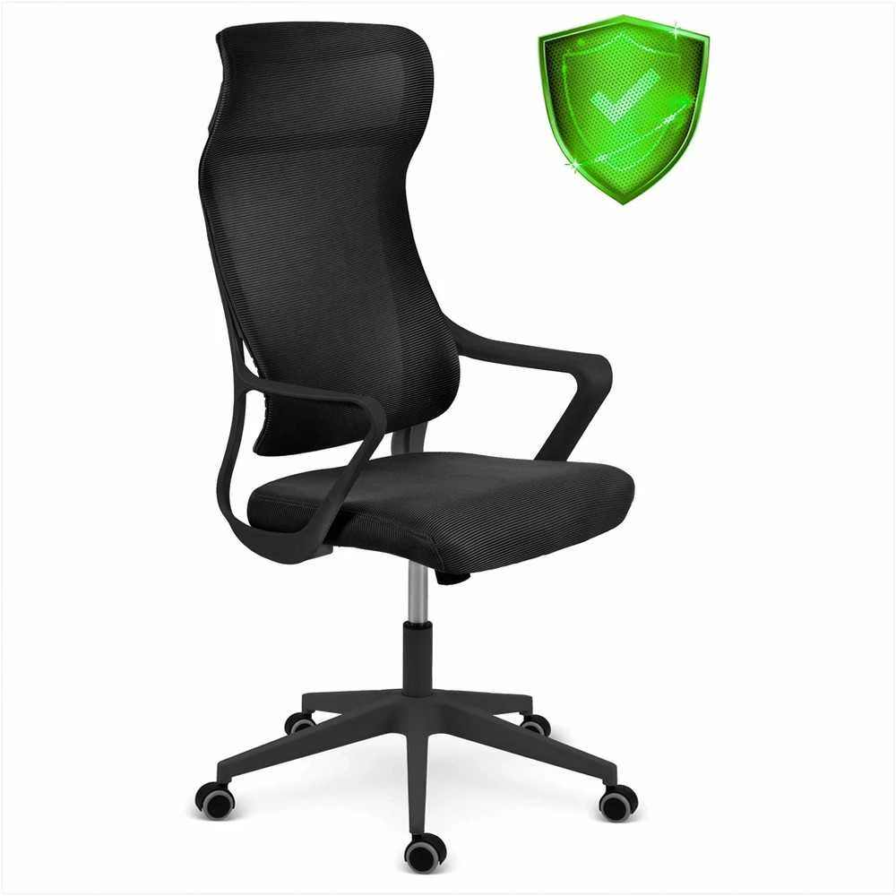 Biuro kėdė su tinklelio atlošu, reguliuojamu aukščiu, supimo funkcija, ergonomiško dizaino, patogi sėdynė, juoda biuro kėdė