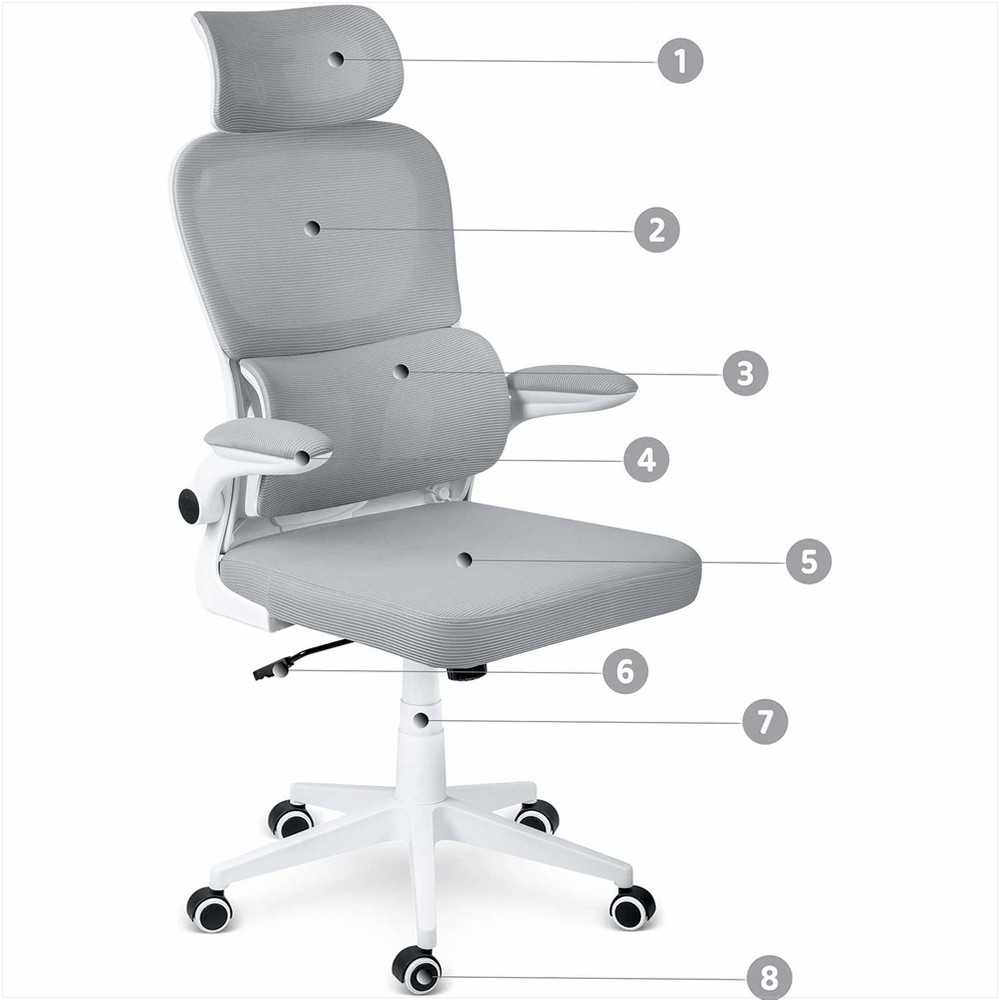 Biuro kėdė su tinklelio atlošu, reguliuojamu aukščiu, supimo funkcija, ergonomišku dizainu, patogiu sėdėjimu, pilka biuro kėdė
