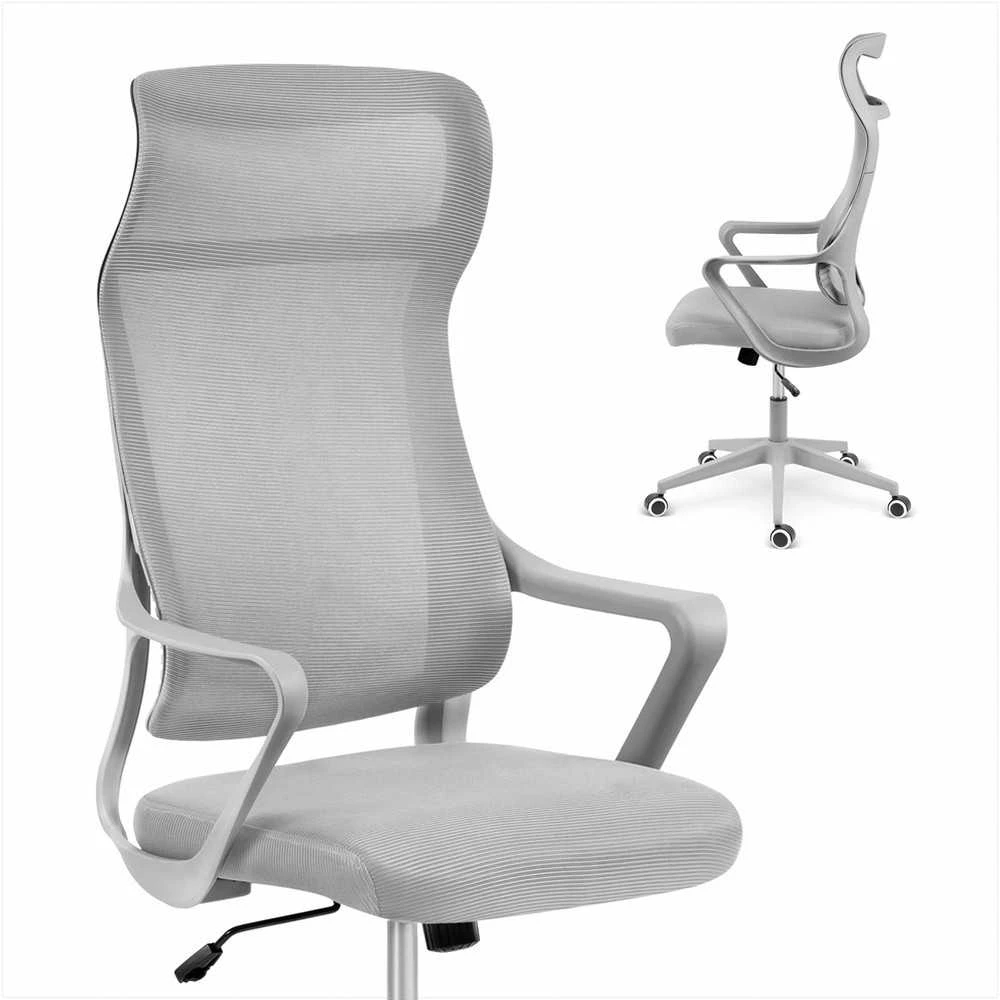 Biuro kėdė su tinklelio atlošu, reguliuojamu aukščiu, ergonomišku dizainu, supimo funkcija, pilka darbo kėdė