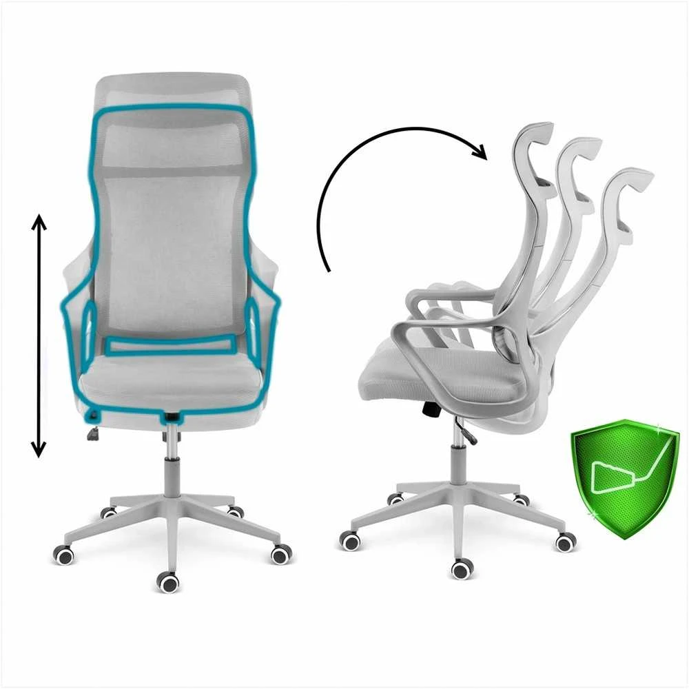 Biuro kėdė su tinklelio atlošu, reguliuojamu aukščiu, ergonomišku dizainu, supimo funkcija, pilka darbo kėdė
