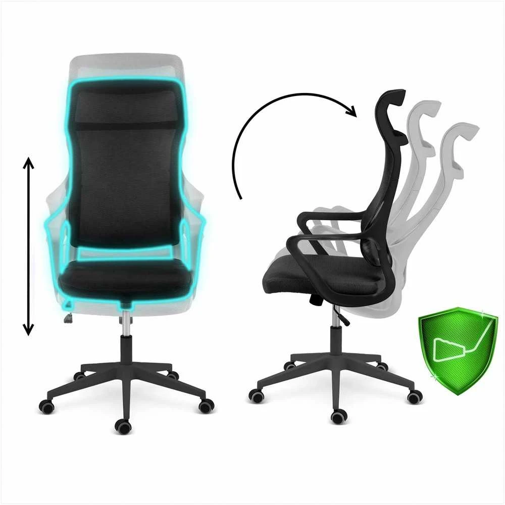 Biuro kėdė su tinklelio atlošu, reguliuojamu aukščiu, supimo funkcija, ergonomiško dizaino, patogi sėdynė, juoda biuro kėdė