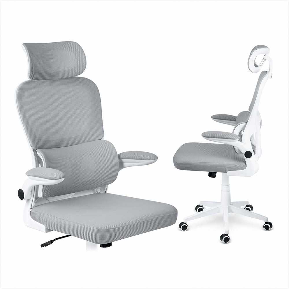 Biuro kėdė su tinklelio atlošu, reguliuojamu aukščiu, supimo funkcija, ergonomišku dizainu, patogiu sėdėjimu, pilka biuro kėdė