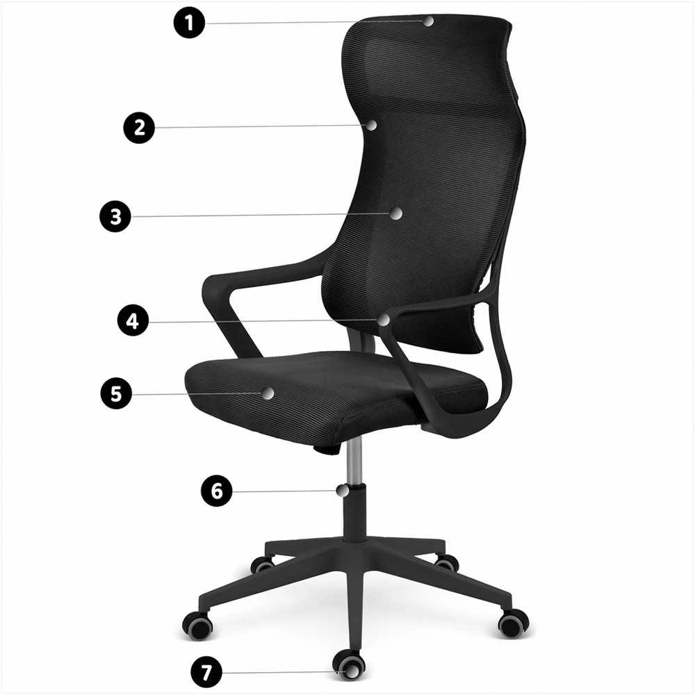 Biuro kėdė su tinklelio atlošu, reguliuojamu aukščiu, supimo funkcija, ergonomiško dizaino, patogi sėdynė, juoda biuro kėdė