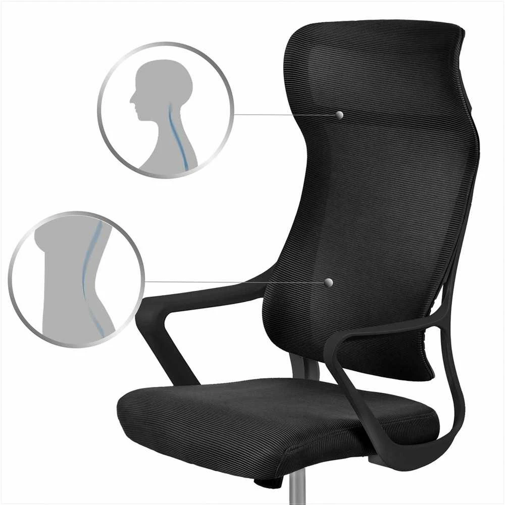 Biuro kėdė su tinklelio atlošu, reguliuojamu aukščiu, supimo funkcija, ergonomiško dizaino, patogi sėdynė, juoda biuro kėdė