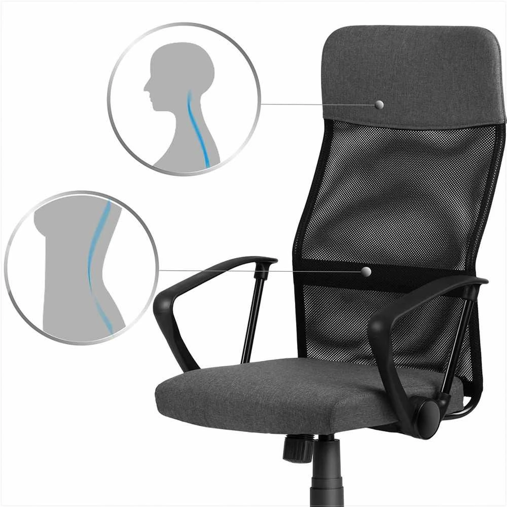 Biuro kėdė su tinkleliu, ergonomiško dizaino, reguliuojamo aukščio, tamsiai pilka vadovo kėdė, patogi kompiuterio kėdė