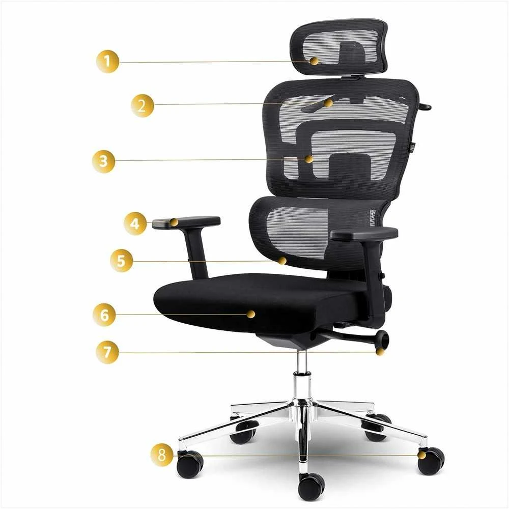 Biuro kėdė su tinkliniu atlošu, ergonomiško dizaino, reguliuojamo aukščio, juoda vadovo kėdė, patogi kompiuterio kėdė