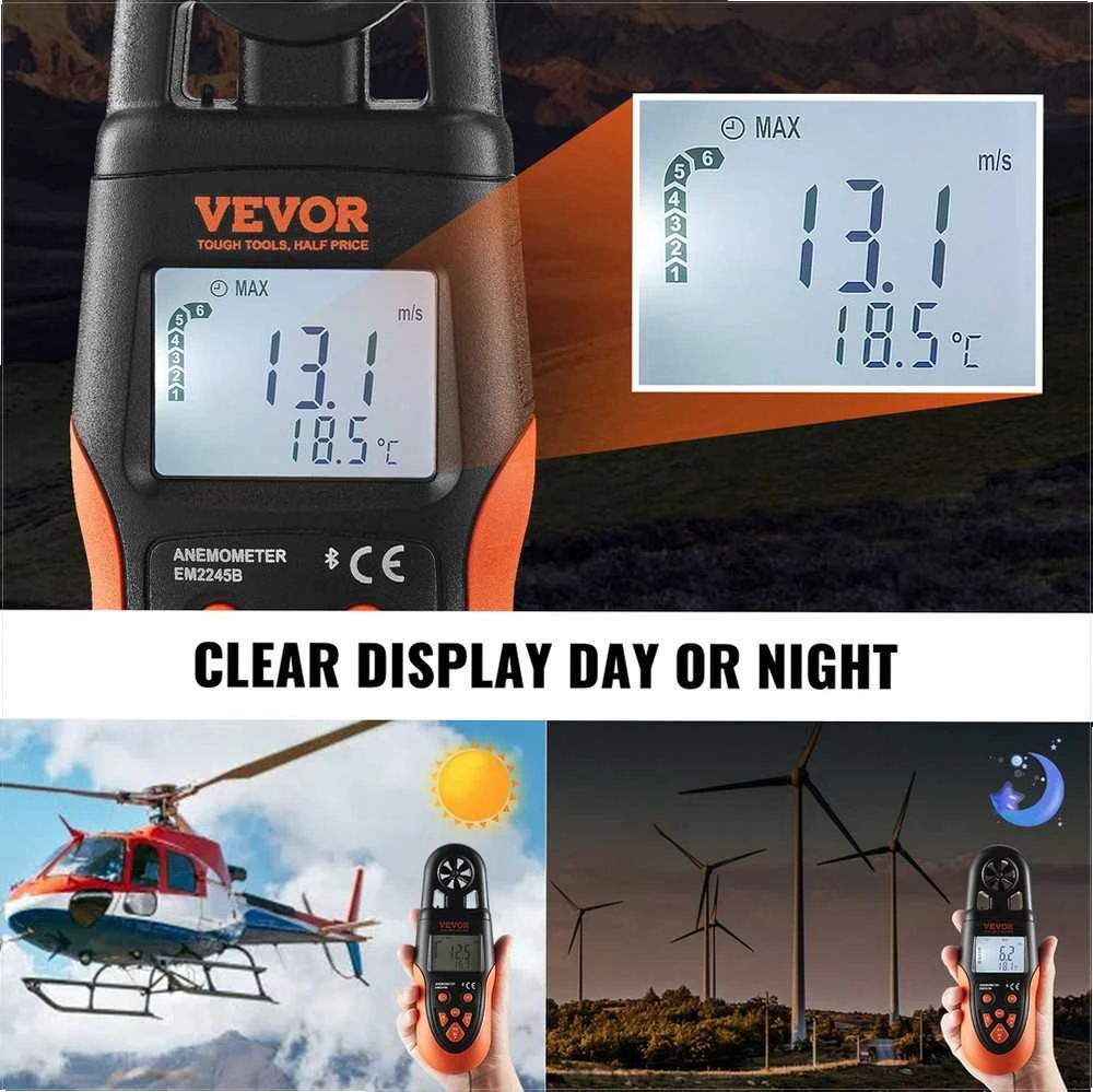 Bluetooth rankinis anemometras banglentėms, dronams ir ŠVOK, nešiojamas vėjo greičio matuoklis su LED apšvietimu, vandeniui atsparus skaitmeninis vėjo matuoklis su Bluetooth ryšiu