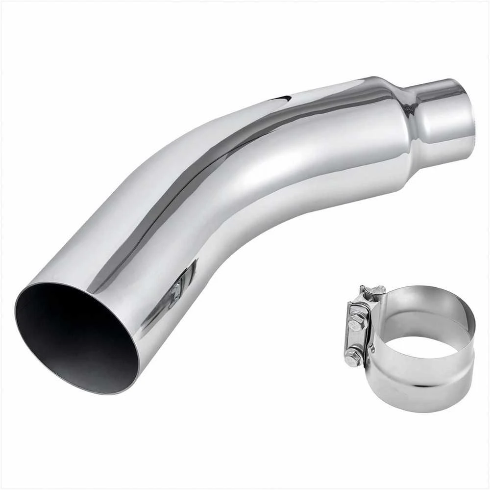 Chromuotas alkūninis išmetimo antgalis su sąvarža, 101.6mm įleidimo 152.4mm išleidimo 584mm ilgio, atsparus karščiui, sunkvežimiams ir automobiliams, duslintuvo apdaila