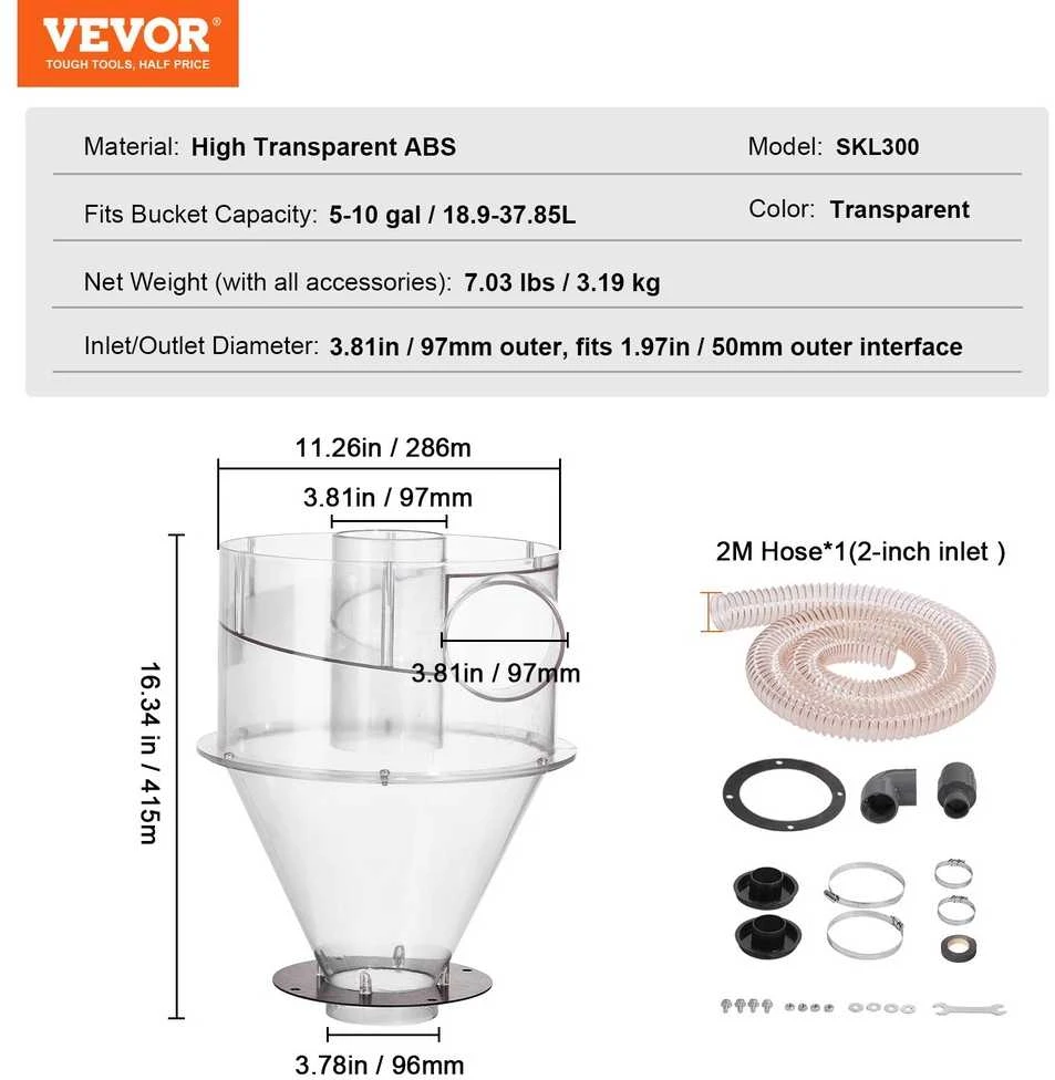 VEVOR Cikloninis dulkių separatorius 4" 18.9-37.85L talpai