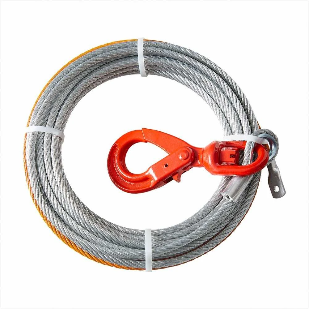 Cinkuoto plieno gervės kabelis 9.5 mm x 22.86 m su sukamuoju kabliu, tvirtas vielinis lynas visureigiams ir vilkimui, universali bekelės gervės virvė su didele trūkimo jėga