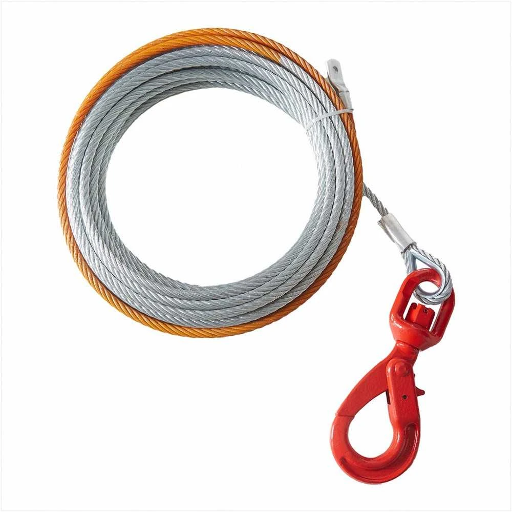 Cinkuoto plieno gervės kabelis 9.5 mm x 22.86 m su sukamuoju kabliu, tvirtas vielinis lynas visureigiams ir vilkimui, universali bekelės gervės virvė su didele trūkimo jėga