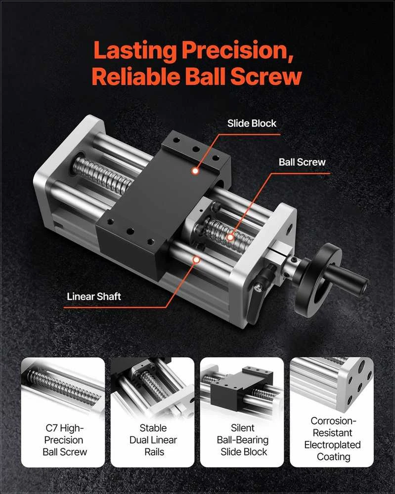 CNC linijinis pavaros mechanizmas, 100 mm eiga, rutulinio sraigto aukšto tikslumo kreipiančioji X Y Z ašims, dvigubos optinės ašies guolinis blokas, linijinis modulis