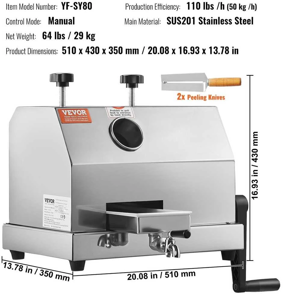 Cukranendrių sulčiaspaudė, rankinė, 50 kg/val., nerūdijančio plieno, komercinė, sulčių spaudimo įrenginys, cukranendrių presas