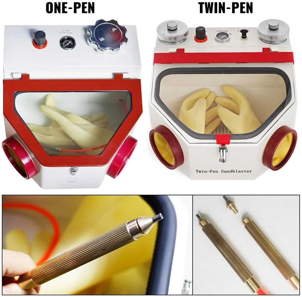 Dantų smėliasrovė laboratorijai, 2 pistoletų, 2 talpų, LED, didelis langas, kojinis valdymas, smėliavimo aparatas, odontologinė įranga, dantų techniko įrankis
