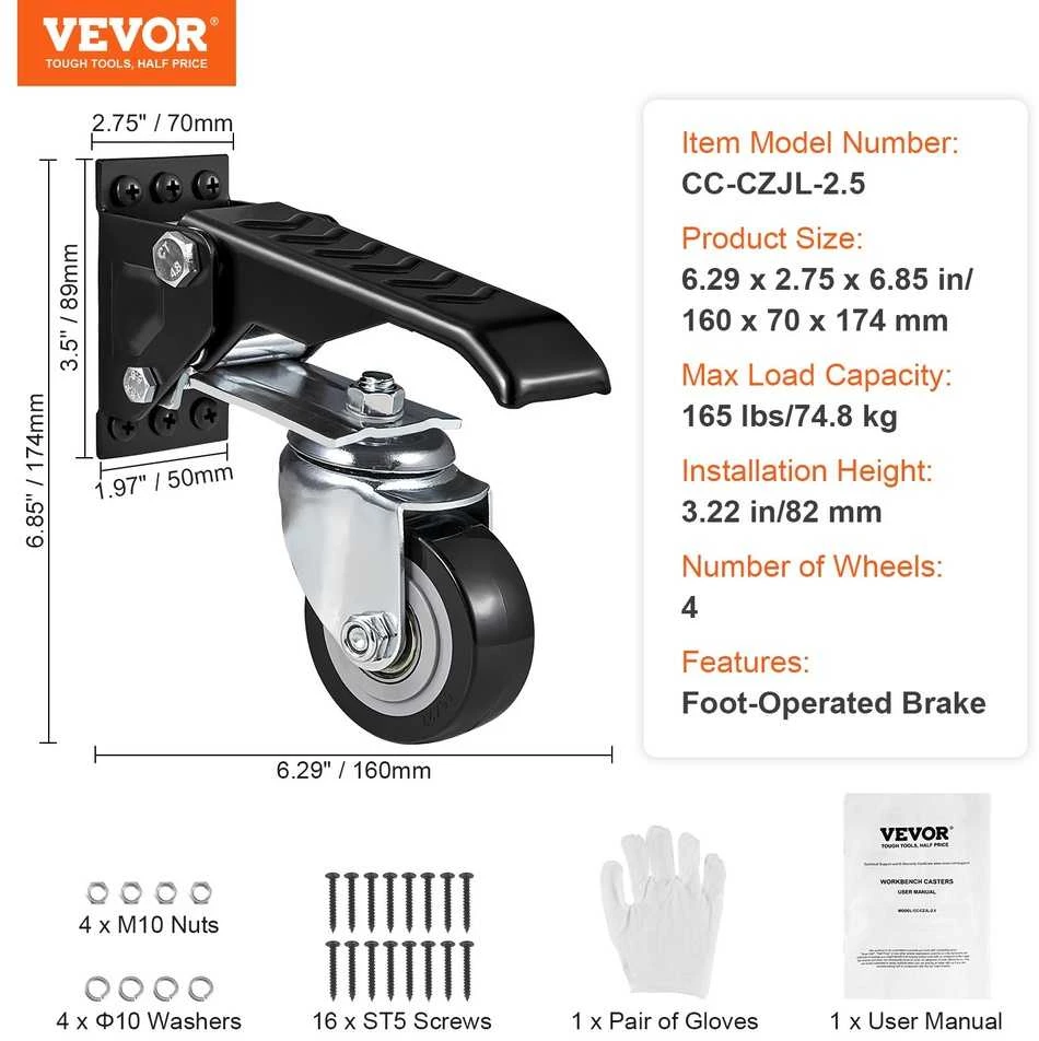VEVOR Darbo stalo ratukai, 75 kg apkrova, 4 vnt.