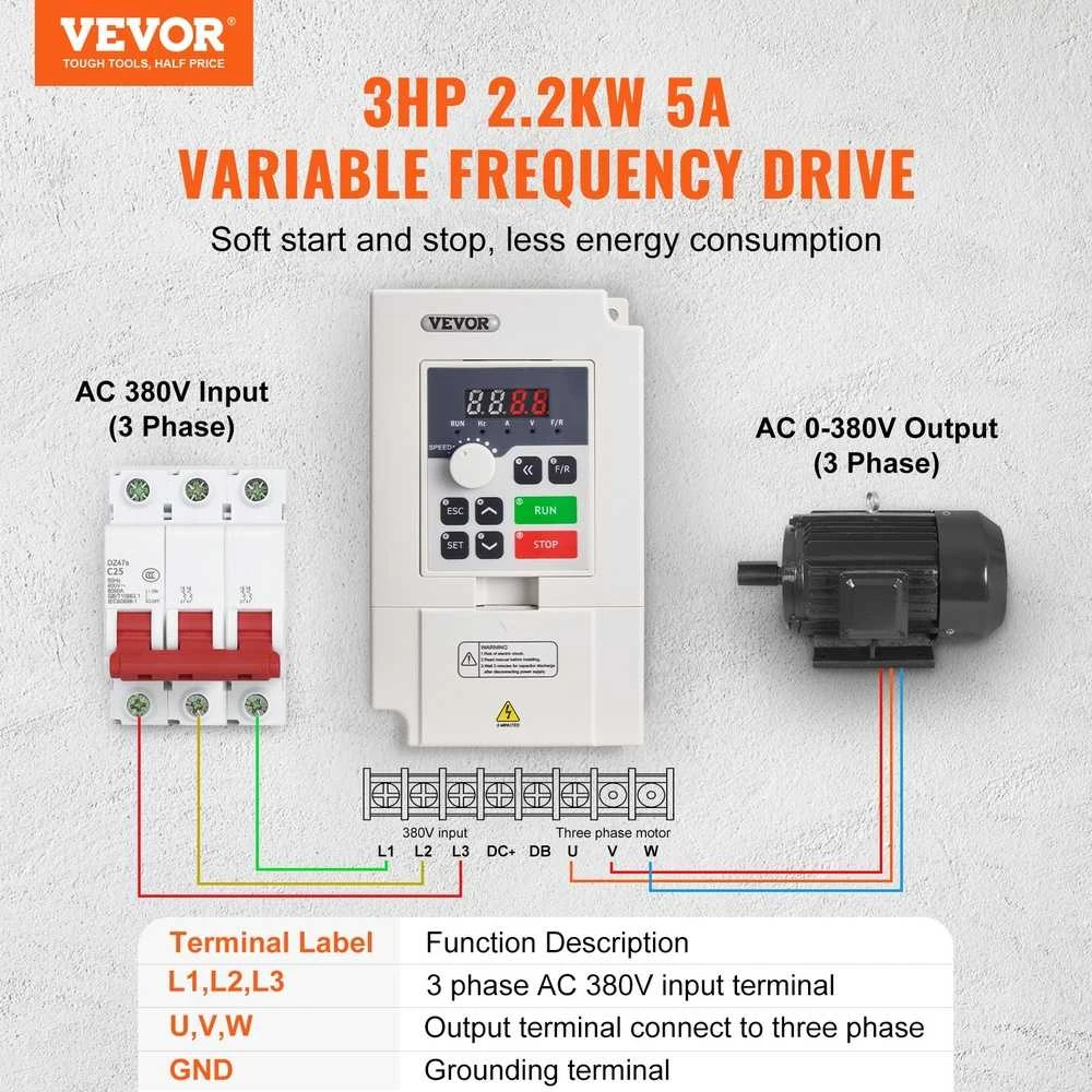 VEVOR Kintamo dažnio pavaros keitiklis 3PH, 2.2KW