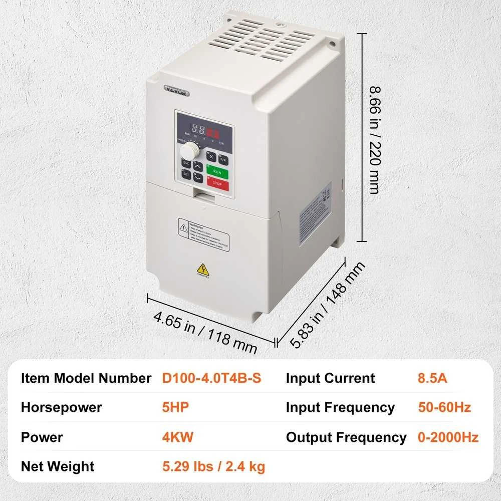 VEVOR Kintamo dažnio keitiklis 5AG 4KW 8.5A, įvestis 380V