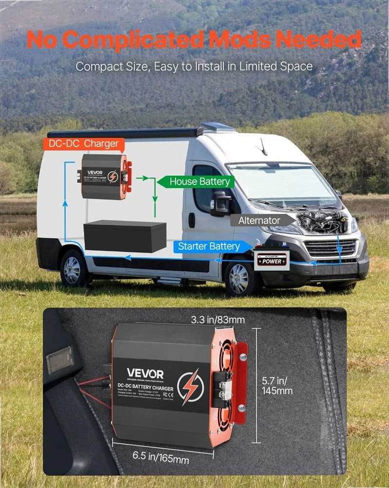 DC į DC akumuliatorių įkroviklis, kemperiams komerciniam transportui valtims jachtoms, 12V 30A 375W, išmanus daugiapakopis įkrovimas, borto akumuliatorių kroviklis