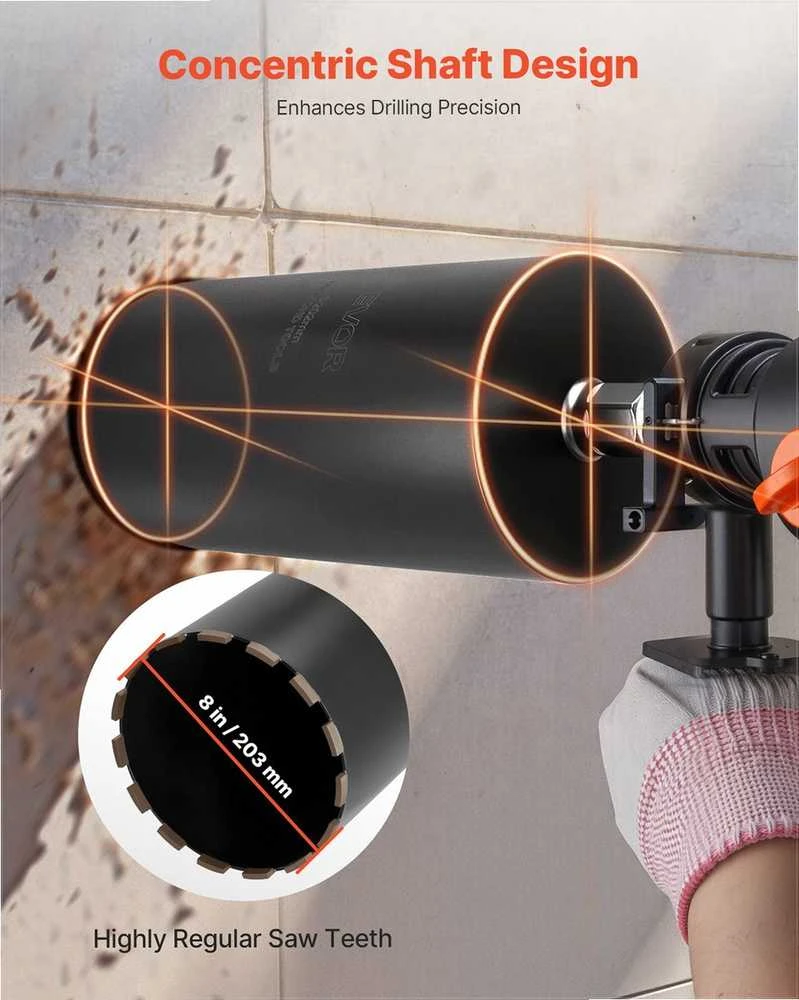 Deimantinė gręžimo karūna, 203 mm skersmuo, 356 mm gręžimo gylis, šlapio gręžimo antgalis gelžbetoniui ir mūrui, lazerinis suvirinimas, betono grąžtas, statybinis įrankis