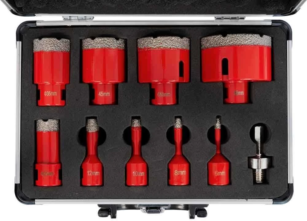 Deimantinių gręžimo karūnų rinkinys, plytelių ir akmens gręžimo karūnai, 9 dalių rinkinys, M14 adapteris, 68mm gręžimo karūnai