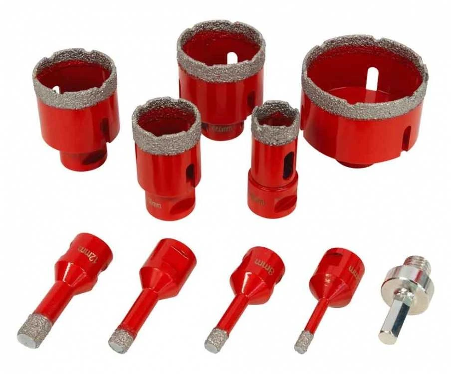 Deimantinių gręžimo karūnų rinkinys, plytelių ir akmens gręžimo karūnai, 9 dalių rinkinys, M14 adapteris, 68mm gręžimo karūnai
