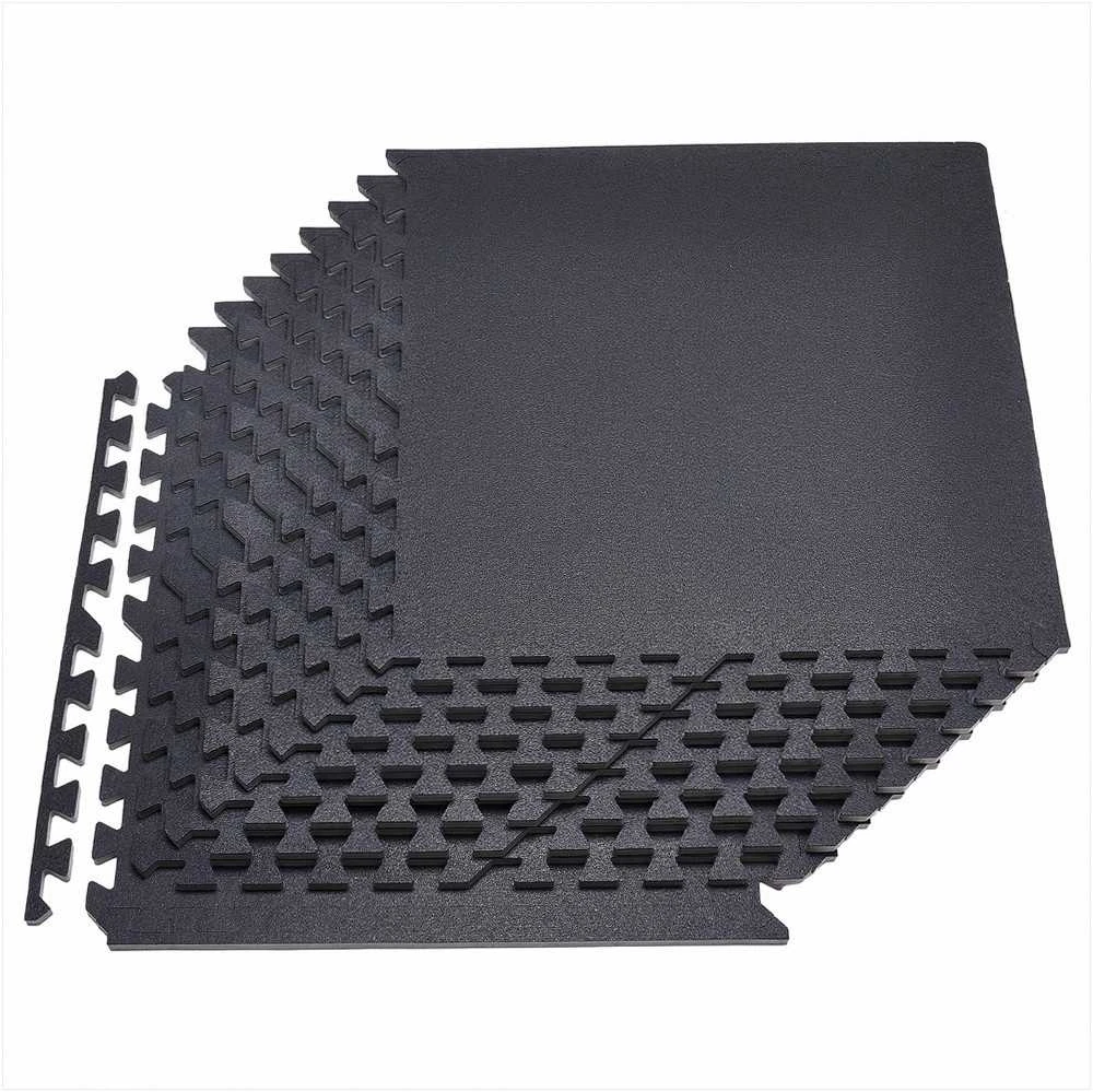 Dėlionės tipo mankštos kilimėlis, EVA putos, sujungiamas apsauginis grindų dangos sluoksnis, 12 vnt., 600x600x14 mm, juodas, sporto salės kilimėlių rinkinys, mankštos grindų plytelės