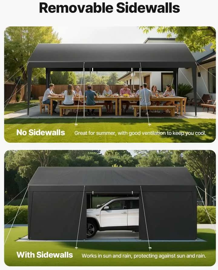 Didelė stoginė automobiliui, 3.05 x 6.10 metro, nešiojama pastogė automobiliui su šoninėmis sienomis, tvirta lauko palapinė, atsparus oro sąlygoms automobilio uždangalas