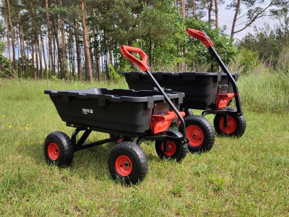 Didelės apkrovos sodo vežimėlis su išvertimo funkcija, XXL 550 kg talpa, pneumatiniai ratai, sodo priekaba dirvožemiui, smėliui, medienai