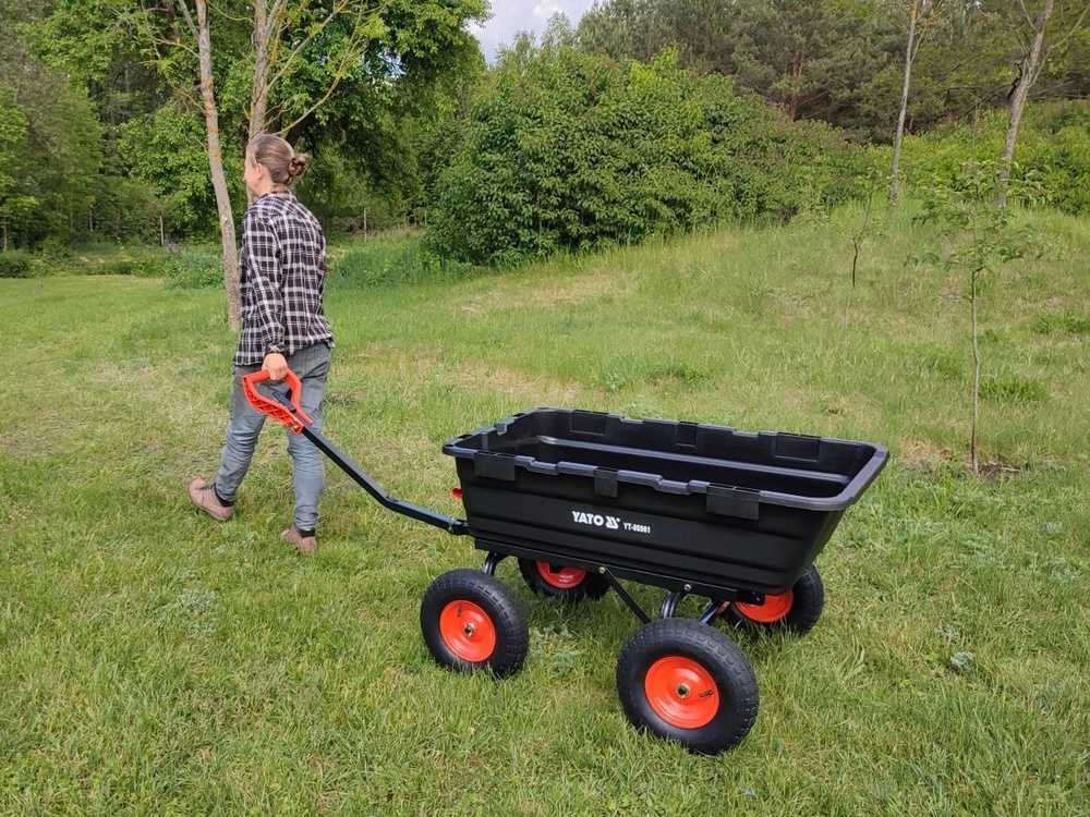 Didelės apkrovos sodo vežimėlis su išvertimo funkcija, XXL 550 kg talpa, pneumatiniai ratai, sodo priekaba dirvožemiui, smėliui, medienai