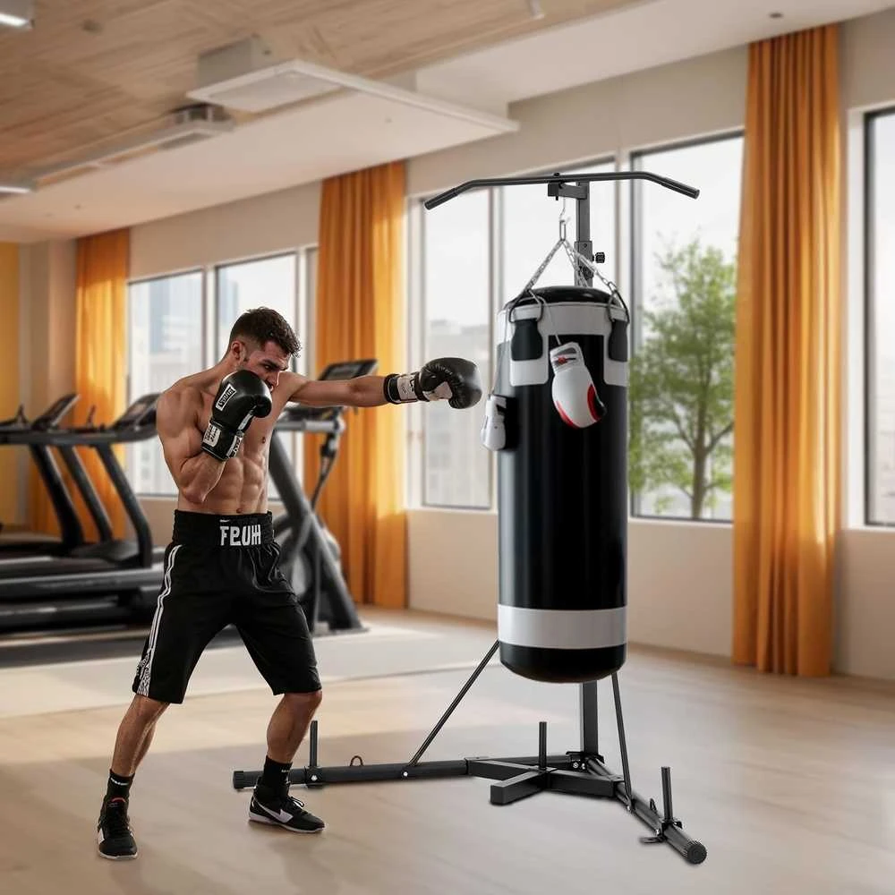 Didelio našumo bokso maišo rėmas, laisvai stovintis bokso stovas, 65 kg talpa, anglinio plieno fitneso įranga, namų sporto salės bokso maišo laikiklis, vidaus bokso treniruotės
