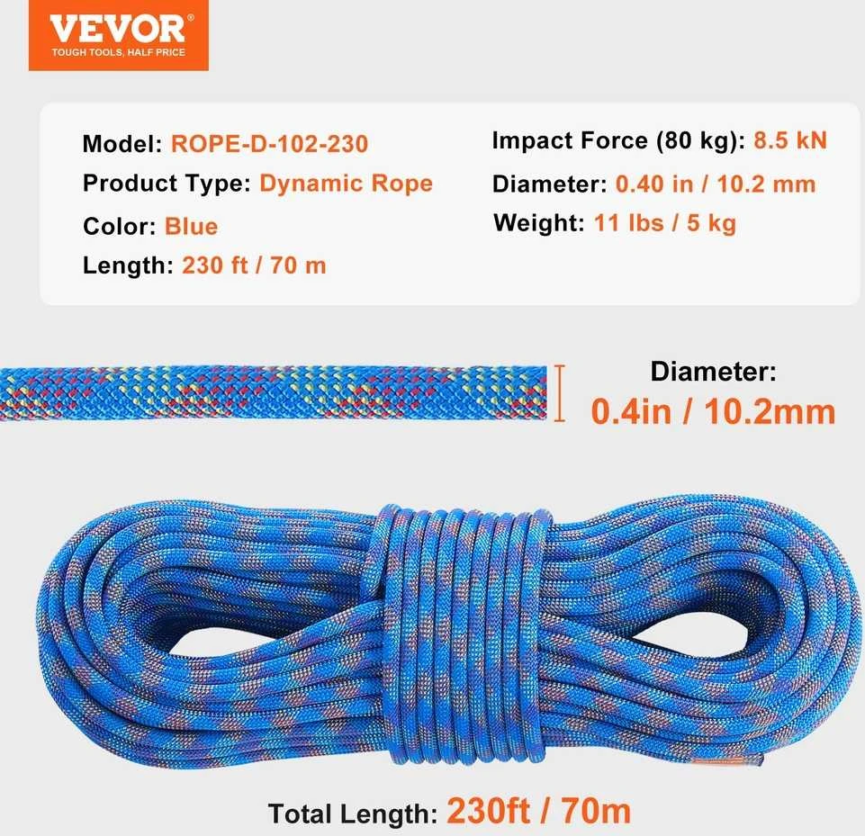VEVOR 10,2 mm dinaminė laipiojimo virvė 70 m