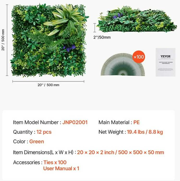 Dirbtinės žolės sienų plokštės 12 vnt., 3D žaluma dekorui, 500x500x50mm dekoratyvinės sienos panelės, žali lapai, vertikalus apželdinimas