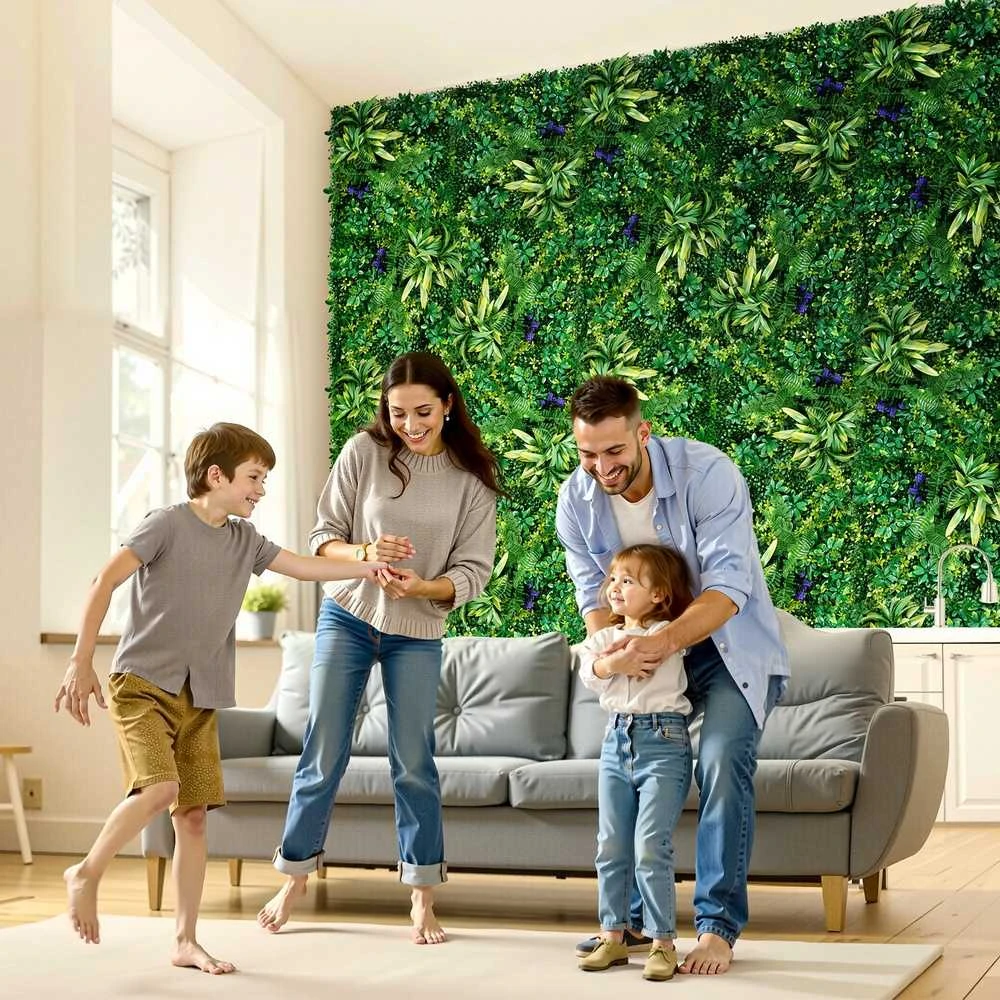 Dirbtinės žolės sienų plokštės 12 vnt., 3D žaluma dekorui, 500x500x50mm dekoratyvinės sienos panelės, žali lapai, vertikalus apželdinimas