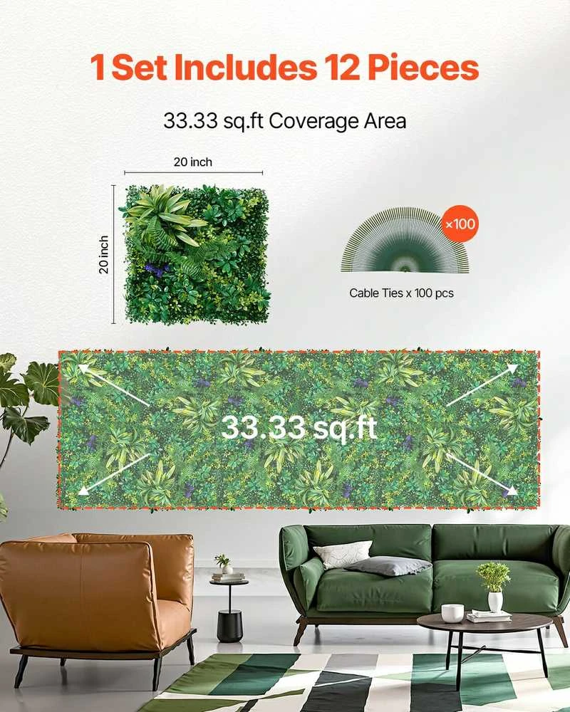 Dirbtinės žolės sienų plokštės 12 vnt., 3D žaluma dekorui, 500x500x50mm dekoratyvinės sienos panelės, žali lapai, vertikalus apželdinimas