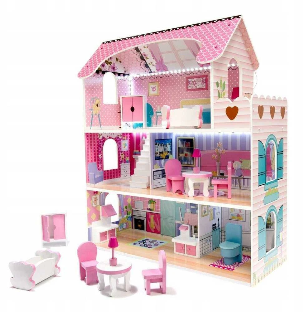 Doll House Medinis lėlių namas, 3 aukštų, su LED apšvietimu ir baldų komplektu