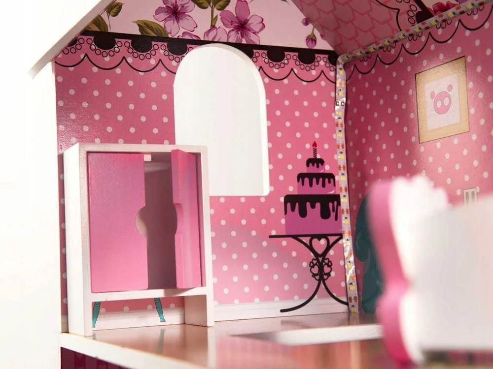 Doll House Medinis lėlių namas, 3 aukštų, su LED apšvietimu ir baldų komplektu