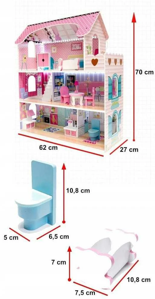 Doll House Medinis lėlių namas, 3 aukštų, su LED apšvietimu ir baldų komplektu