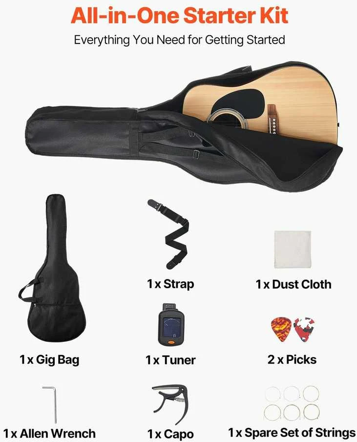 Dreadnought akustinė gitara, 1041.4 mm eglės viršus, raudonmedžio korpusas, pradedančiųjų gitaros komplektas su dėklu