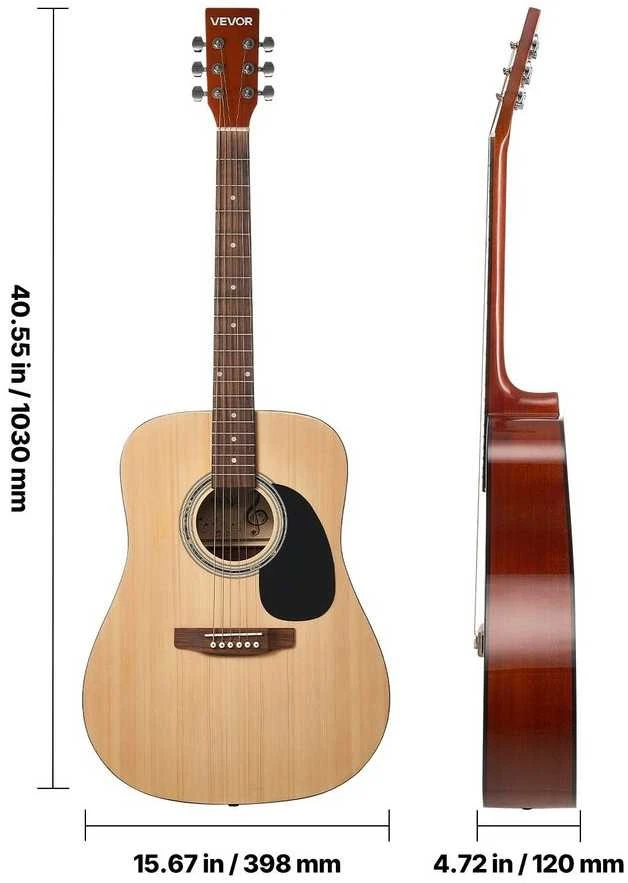 Dreadnought akustinė gitara, 1041.4 mm eglės viršus, raudonmedžio korpusas, pradedančiųjų gitaros komplektas su dėklu