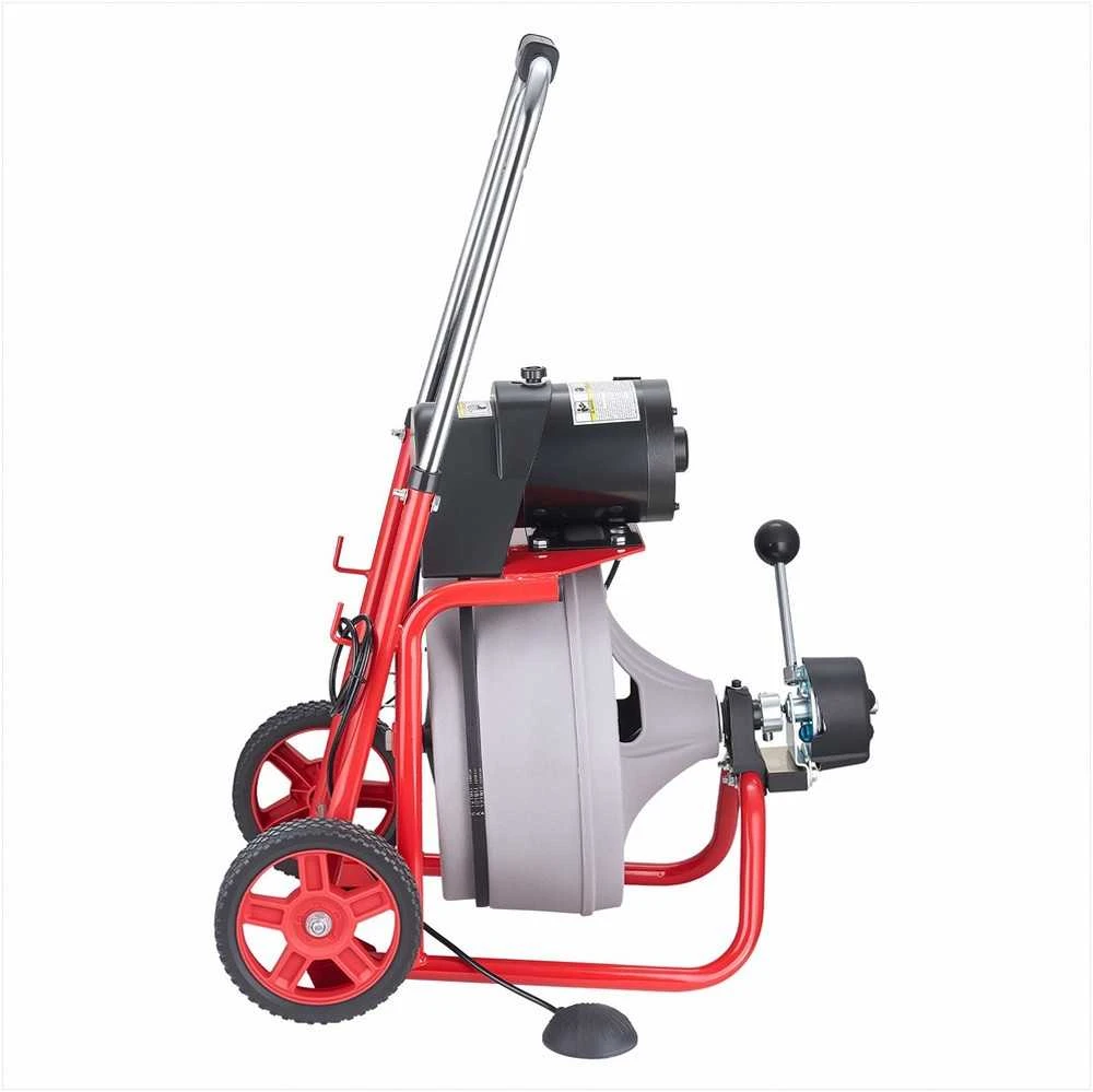 Drenažo valymo mašina 50–100 mm vamzdžiams, automatinio padavimo kanalizacijos gyvatukas su ratukais, 8 pjovikliai ir kojinis jungiklis, vamzdžių atkimšimo įrankis, valymo įranga