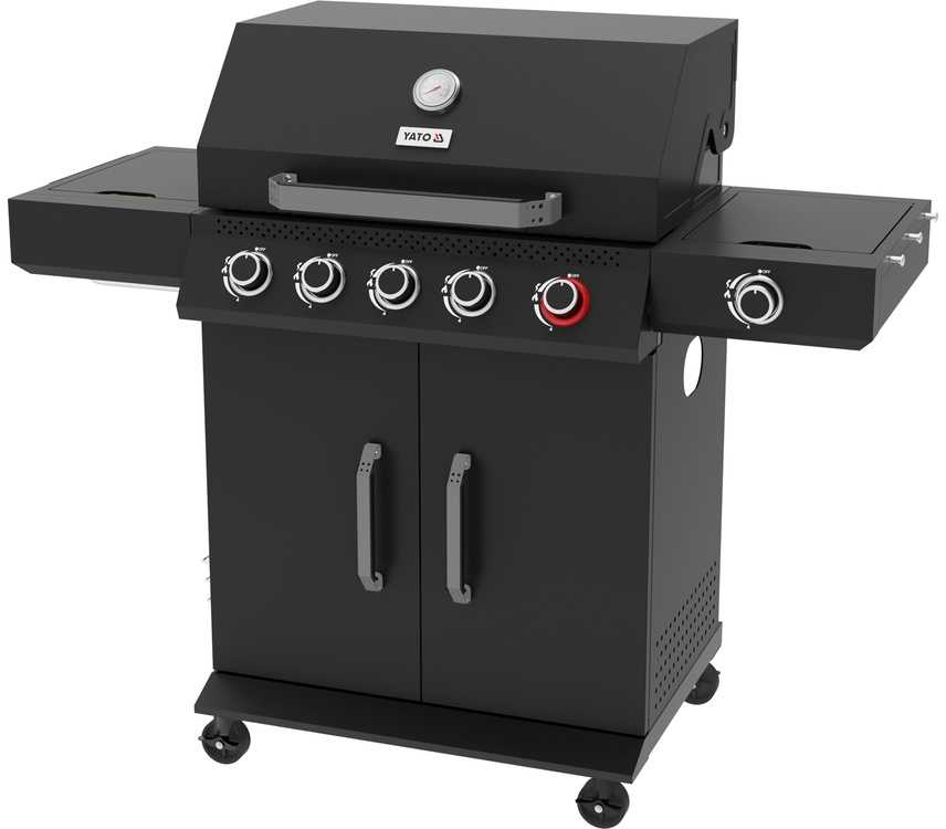 Dujinė kepsninė, 6 degikliai + infraraudonųjų spindulių šoninis degiklis, 19.5 kW, juodo plieno, lauko/sodo, nešiojama, šeimyninė, BBQ grilis
