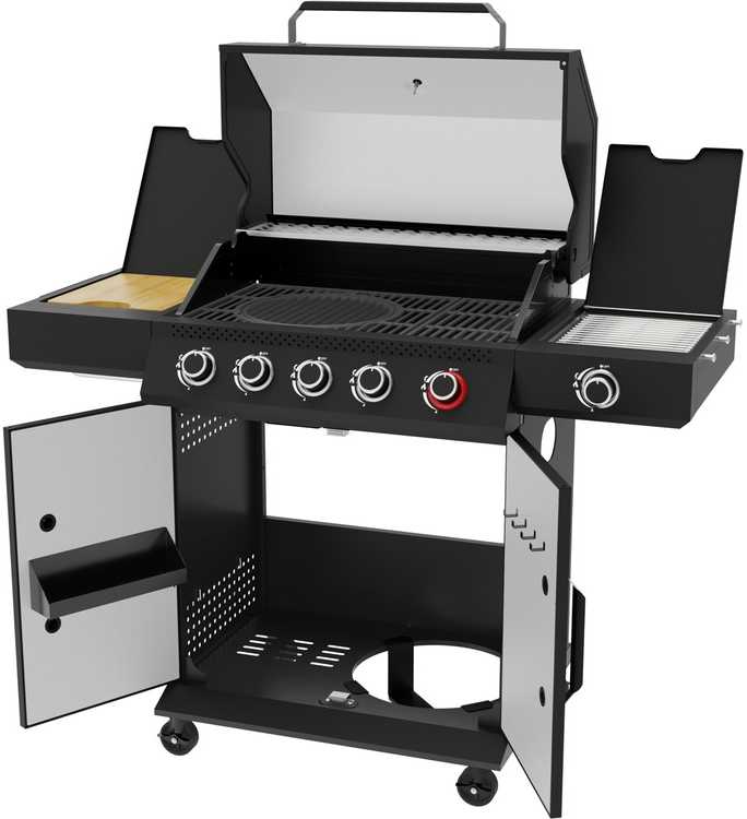 Dujinė kepsninė, 6 degikliai + infraraudonųjų spindulių šoninis degiklis, 19.5 kW, juodo plieno, lauko/sodo, nešiojama, šeimyninė, BBQ grilis